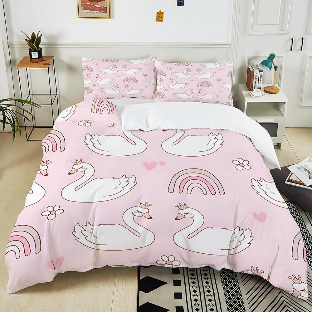 Swans Flowers Rainbows Pink Background Print Bedding Set 1Duvet Cover 2Pillowcases for Adult and Children Luxury Gift Full Size