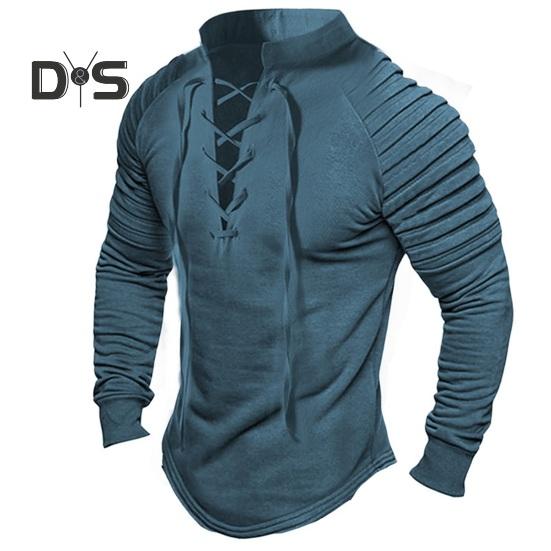 

Мужской пуловер с воротником-стойкой в ​​стиле ретро, ​​пуловер на шнуровке с крестом, плиссированные однотонные топы с длинными рукавами, приталенная повседневная футболка, уличная одежда XL синий