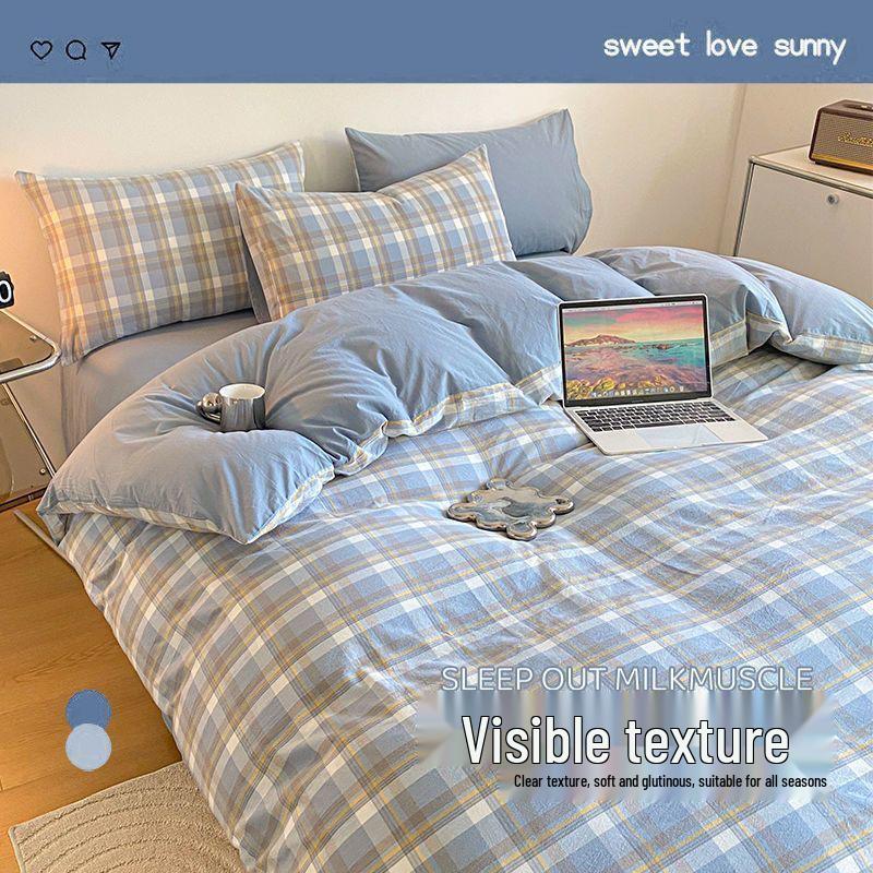 Muji Japanese Washed Cotton Flannel Plaid Bedding Set - 4 Pieces, Good Quality, Student Dormitory Style