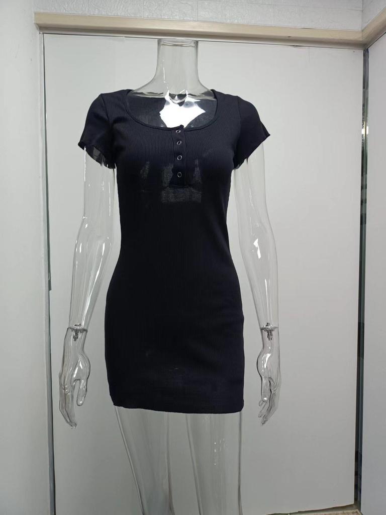 2026 Spring/Summer European & American Sexy Short-Sleeve Bodycon Cross-Button Dress