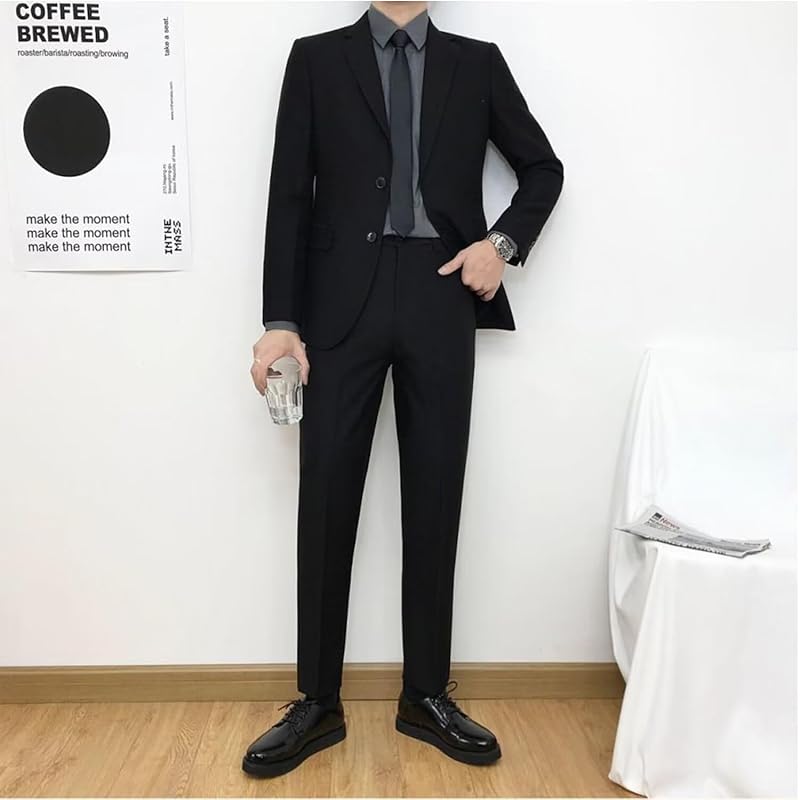 [Yucahype] suit men's top and bottom set formal casual business suit two button slim set up tailored jacket Plain color blazer slacks long pants