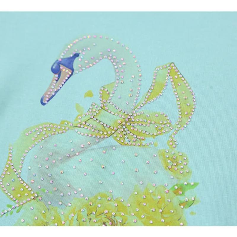 Classic Women's Shiny Cartoon Swan Hot Diamonds O-Neck T-Shirt Summer Office Lady Cotton Tops Clothes New Fashion Flower Fairy Tees
