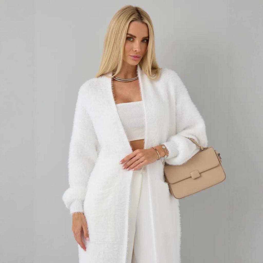 Cardigan Long en Tricot Cachemire Faux Vison Blanc pour Femme - Doux, Ample, Style Décontracté pour l'Automne et l'Hiver
