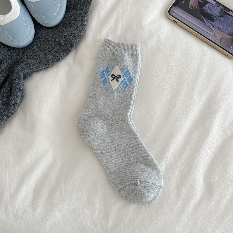 Rhombus Plaid Bow Wool Socks Children'S Wind Thickened Warm Retro Stacking Socks