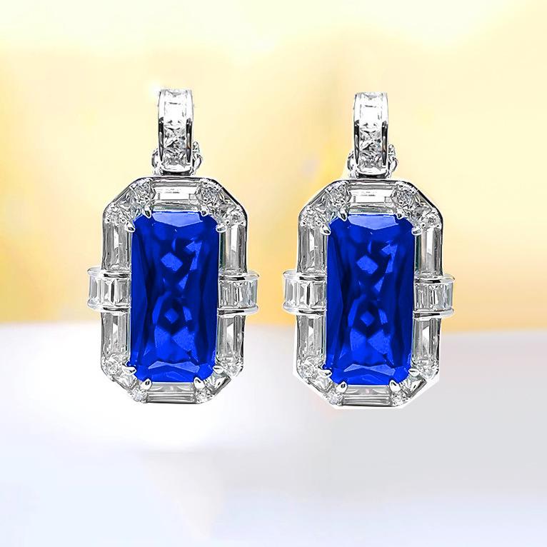 Heavy Industry Luxury High-end Rectangle Red Corundum Pendant Inlaid with High Carbon Diamond Blue Spinel Ring Earrings, Women
