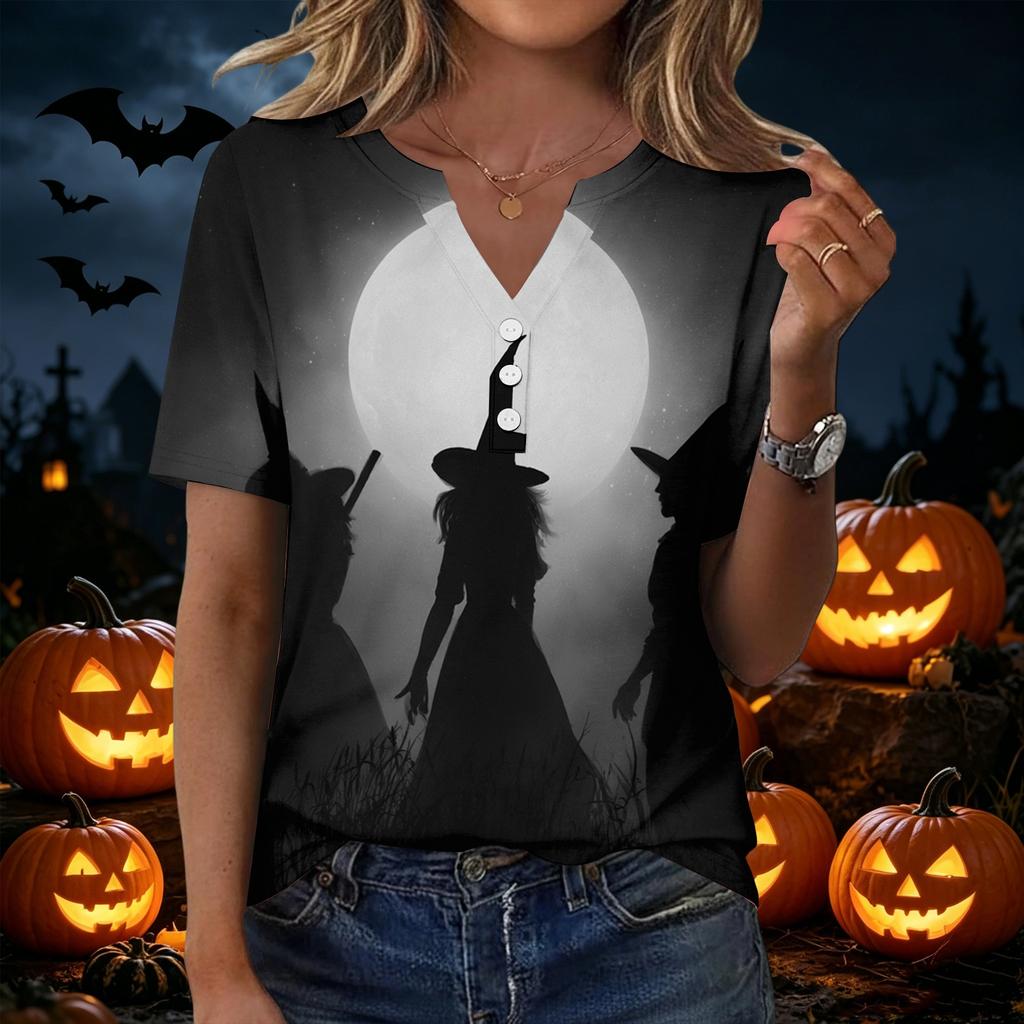 Womens Halloween Print V Neck Short Sleeve Button T Shirt Casual Fashion Top Lightweight Comfortable Fit
