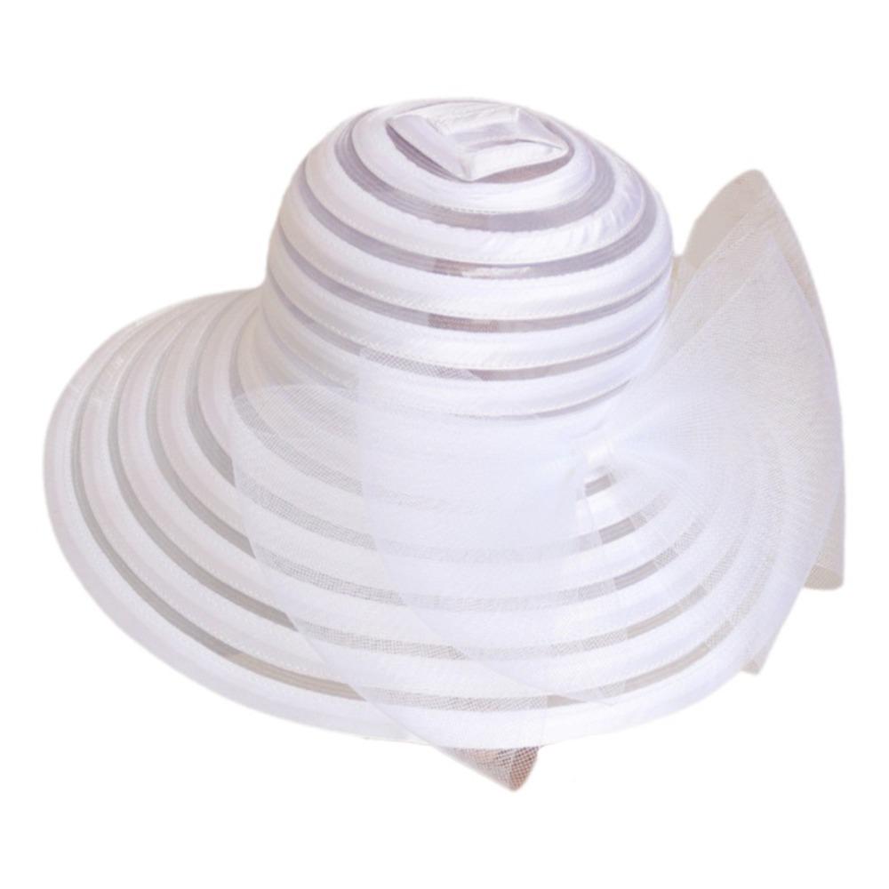 Fashionable Ruffles Design Organza Mesh Hat Wide Brim Large Bow Sun Hat Breathable Beach Hat Resort Wear