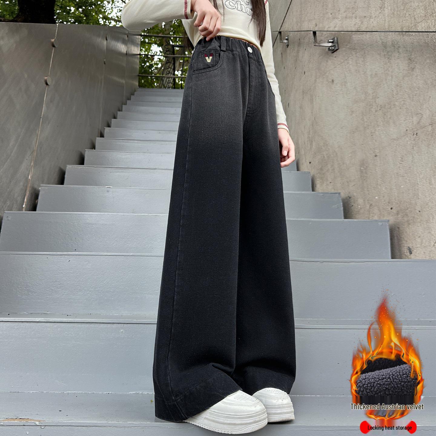 

Girls Fleece-Lined Wide-Leg Denim Pants - Winter Style 140 cm