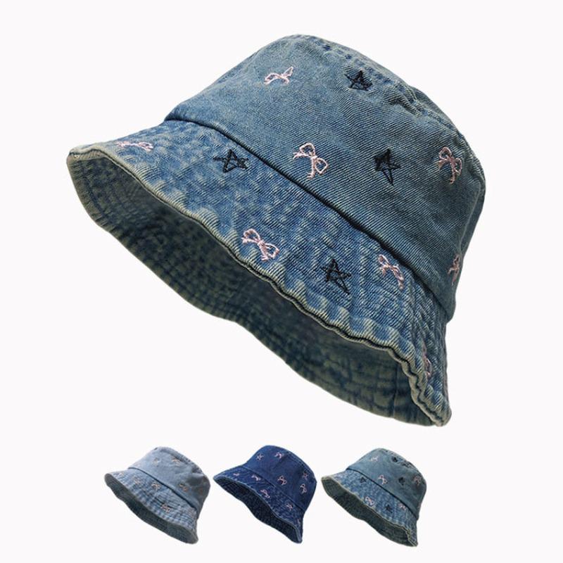 New Autumn Embroidery Butterfly Stars Washed Denim Bucket Hat For Women Casual Retro Outdoor Summer Sun Hats Fisherman Cap Gift
