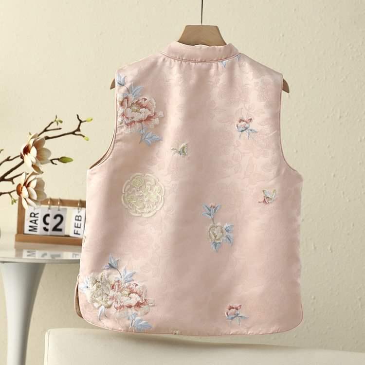 Women's Retro Jacquard Vest: Stand Collar, Frog Button, Horse Pattern, Chinese Style, Elegant Cape, Single-Breasted Cardigan.