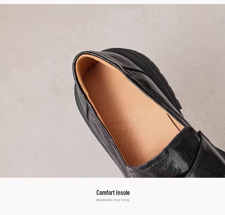 Retro Black Camellia Loafers: Pleated Leather, Thick Sole, Slip-on British Style