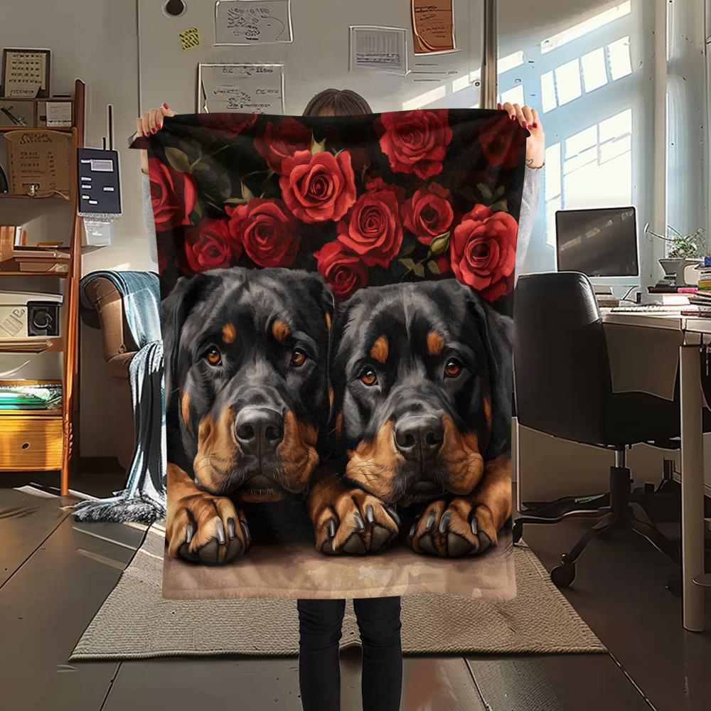 Rottweiler and Roses,pattern Flannel Blanket, High quality Comfortable for All Seasons, Home Decor, Warmth and Comfort, Perfect for Gifts.