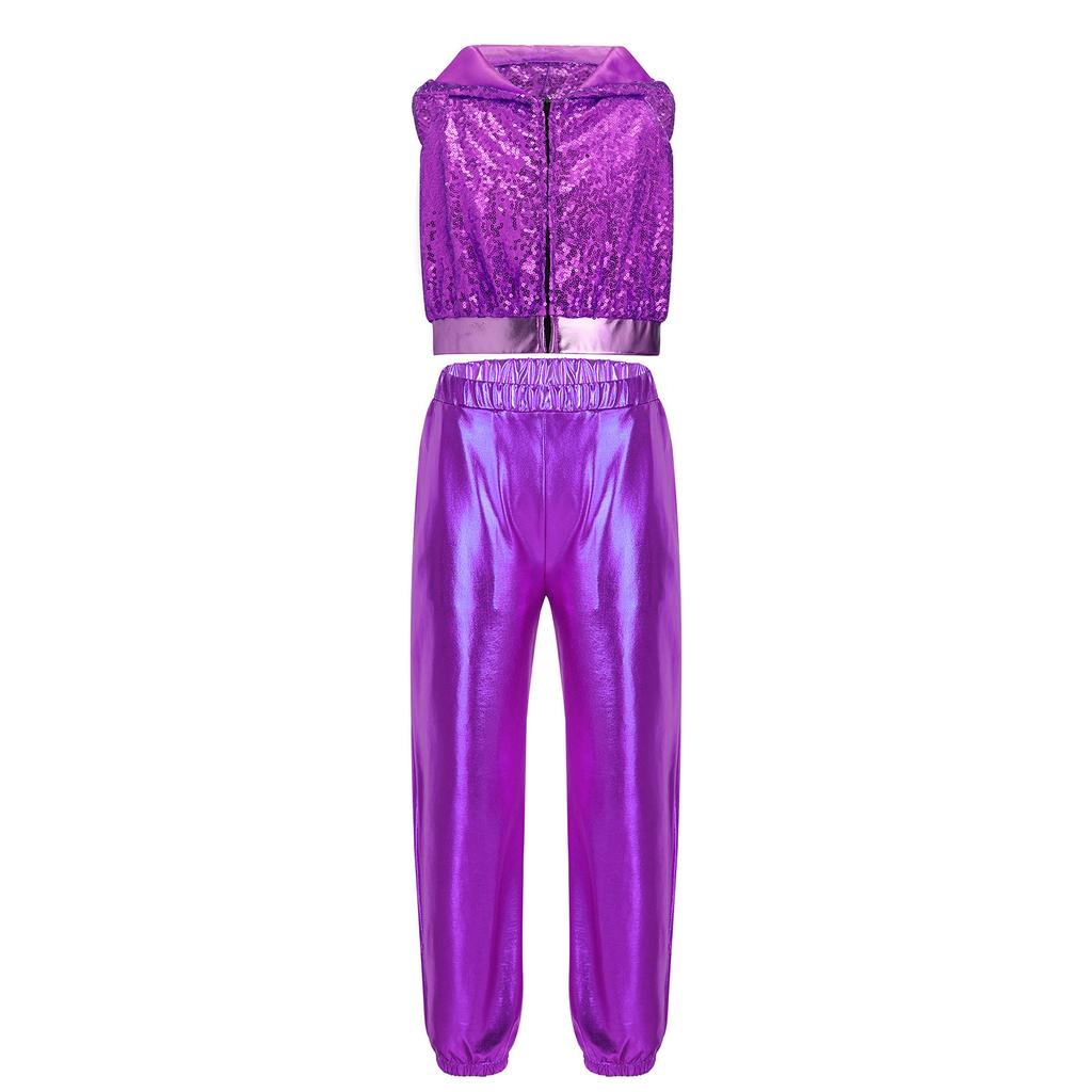 Mädchen Glitzernde Pailletten Reißverschluss Vorne Crop Top Elastische Taille Hose Hip Hop Jazz Tanz Set