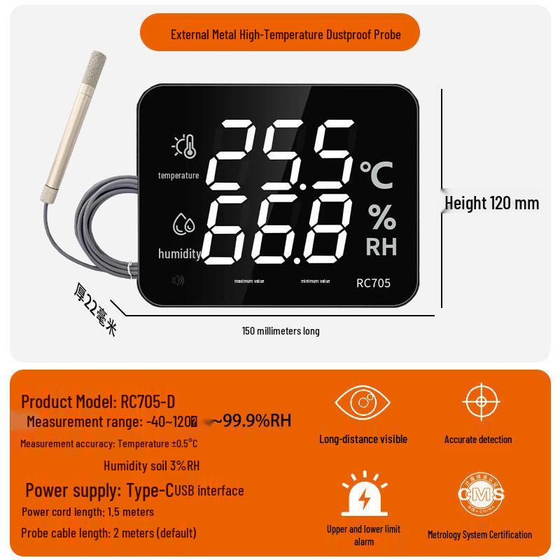 

Jundingying Industrial Temperature & Humidity Meter with External Metal Probe
