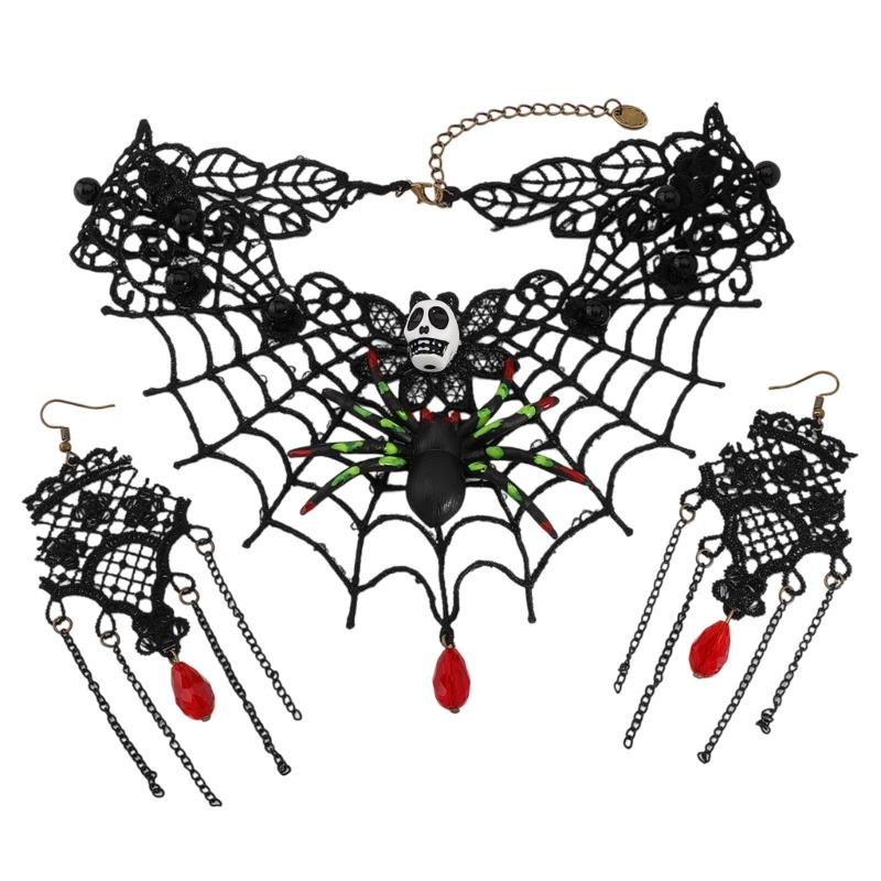 Steampunk Gothic Lace Choker Necklace Rhinestones Earrings Halloween Costumes Jewelry Women for Wedding Cosplay Party