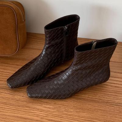 2025 Autumn/Winter Women's Fashion: Korean Square Toe Woven Ankle Boots with Loose Sleeves and Low Wedge Heel