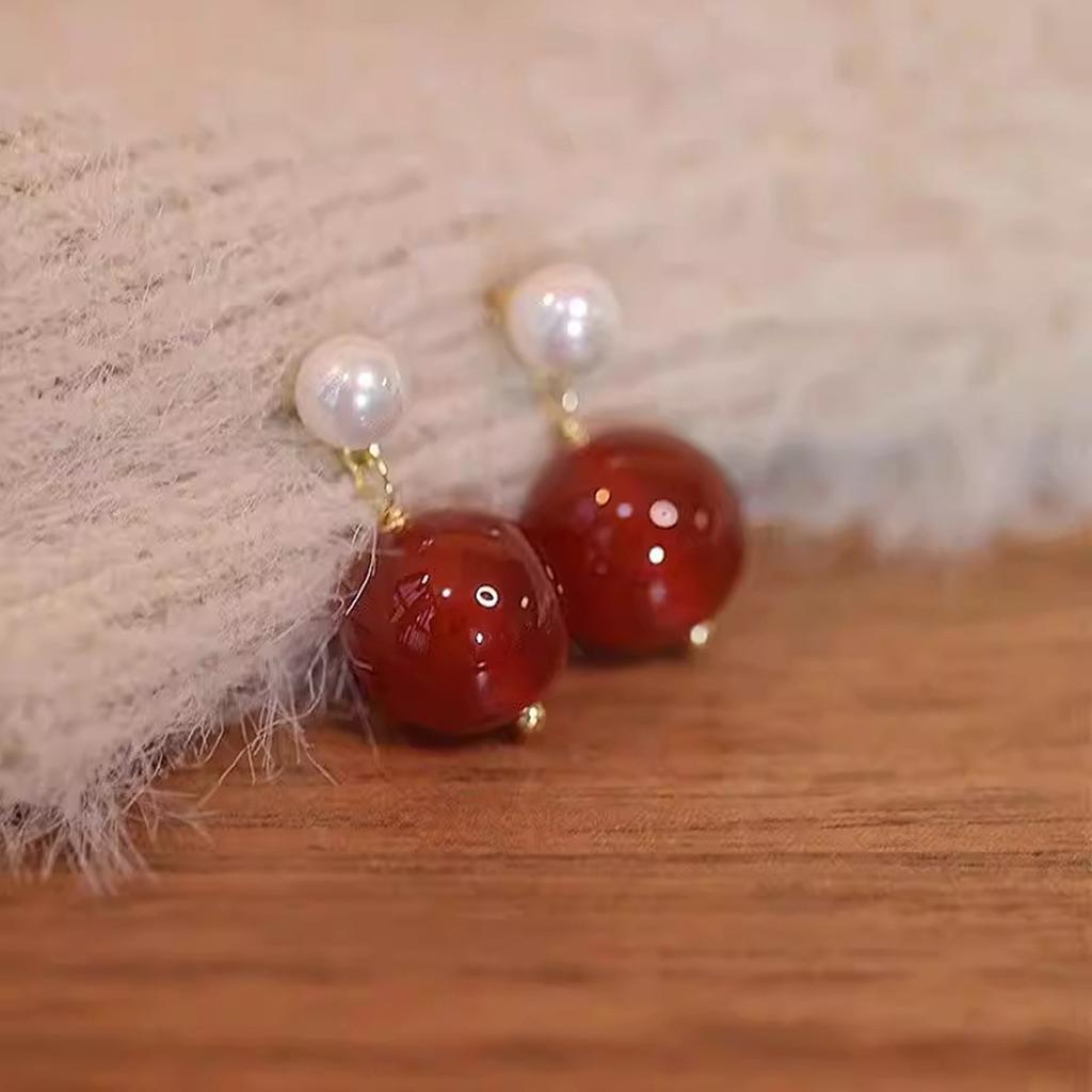 Natural freshwater pearl agate stud earrings women's new Chinese light luxury high-end niche design simple pendant earrings