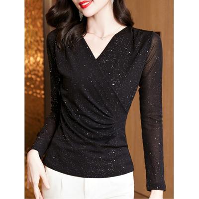Women Spring and Autumn Mesh V-neck Wrap Tshirt Long Sleeve Thin Tight Irregular T Shirt