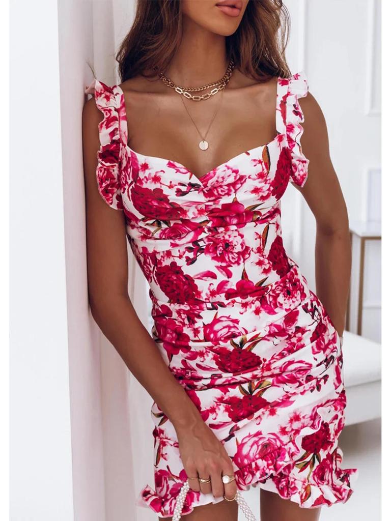 2026 Summer Floral Ruffle Sleeveless V-Neck Bodycon Dress for Women