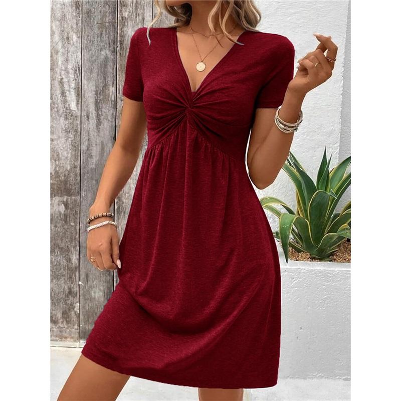 

Европейский и американский стиль женское летнее цветное хлопковое однотонное короткое платье с V-образным вырезом, дизайнерское, с драпировкой на груди, приталенное по талии, свободного кроя XXL красный