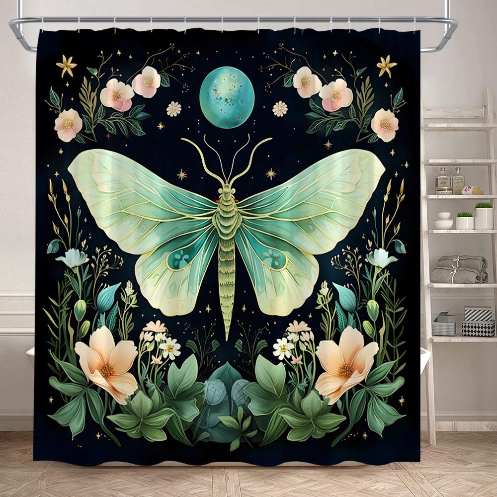 Rustic Floral Moth Shower Curtains Vintage Boho Art Dragonfly Flowers Green Plants Bathroom Curtain Polyester Fabric Home Decor