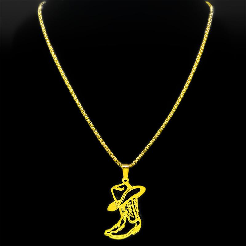 West Cowboy Hat Shoes Pendant Necklace For Women Men Stainless Steel Gold Silver Color Cowgirl Fashion Chain Jewelry Gifts