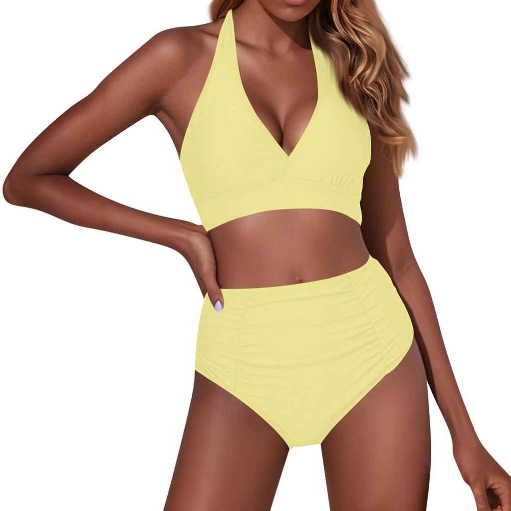 Damski Modny Dwuczęściowy Seksowny Jednokolorowy Strój Kąpielowy Bikini Z Wkładkami Biustonosz Bez Fiszbin