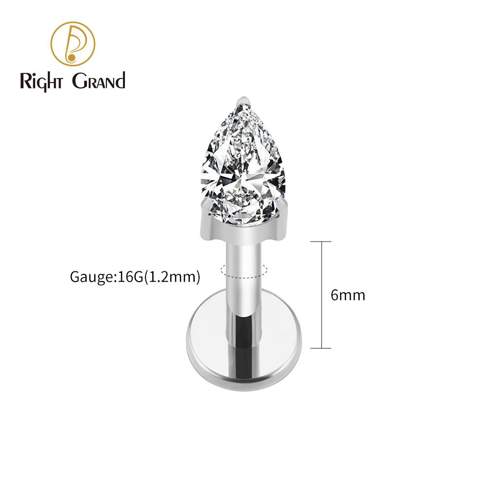 Titanio G23 ASTM F136 Lágrima Gota de Agua CZ Rosca Interna Stud para Labret Tragus Monroe Cartílago Hélice Piercing de Oreja