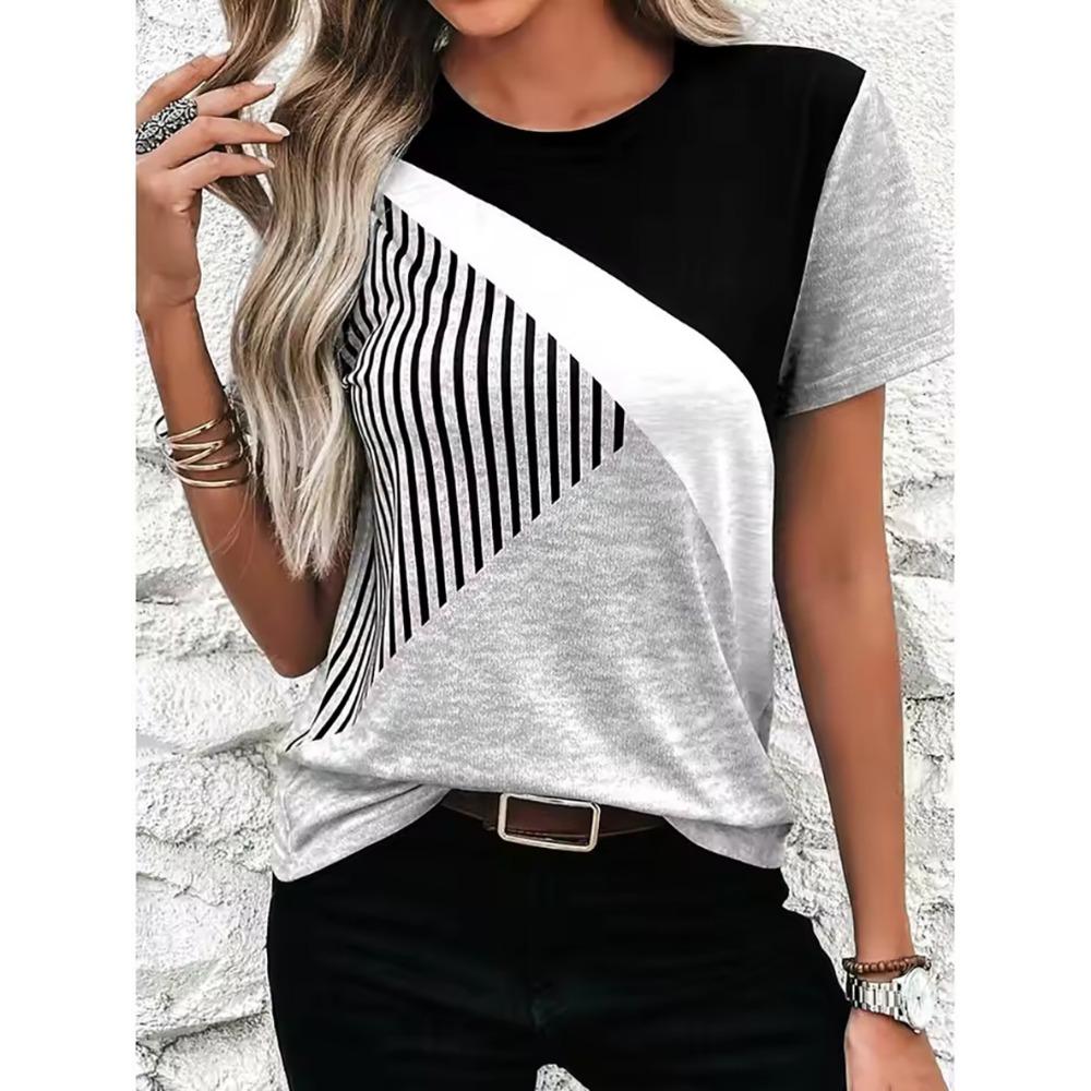 3D Printed Pattern T-shirt, Summer and Spring Short Sleeved Round Neck Casual Top, Women's Clothing