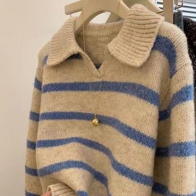 Niche Collared Blue Striped Sweater for Women Autumn Winter Lazy Long Sleeve Knit Pullover Top Layering Versatile Short Style