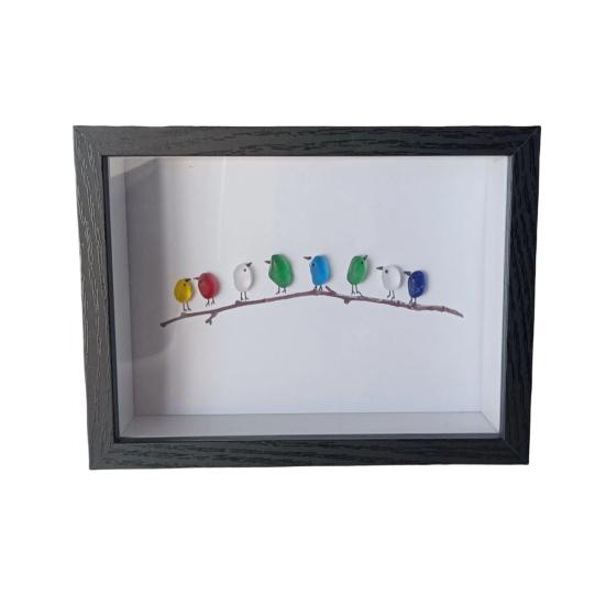 

Фото рамка с искусством из морского стекла Декор для дома с ручной работой из морского стекла Птицы в черной деревянной раме Рамка с украшениями из веток с птицами из морского стекла для стола, окна C
