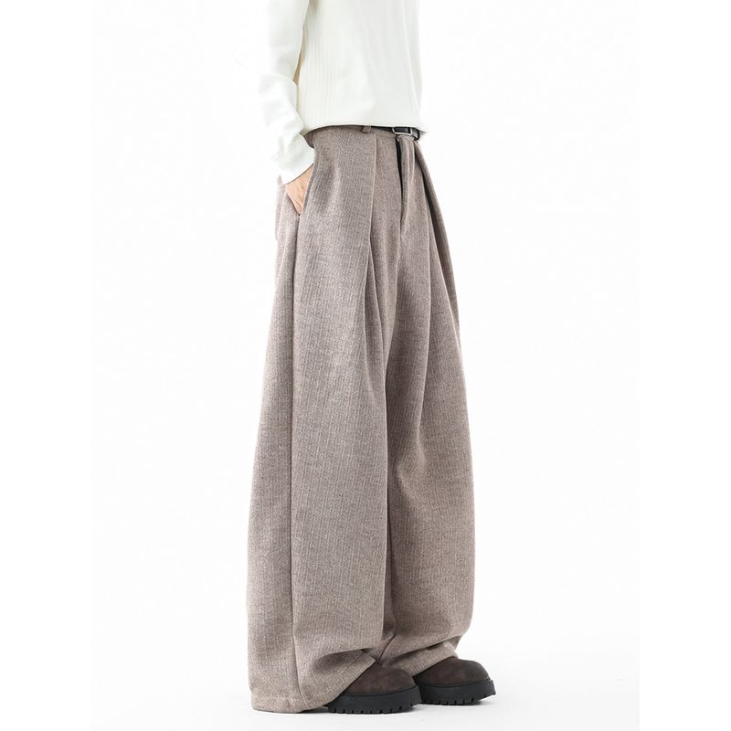 Old Money Style Deconstructed Woolen Trousers for Men, Winter Heavyweight Vintage Warm Wide-Leg Long Pants, High Street Pleated Casual Pants