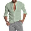 Men Stand Collar Full Button Long Sleeve Linen Shirt Rollable Cuffs Loose Fit Casual Daily Beach Vacation Top