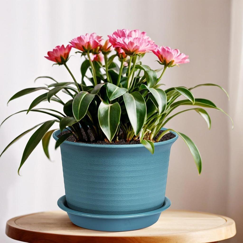Plastic Round Flower Pots with Tray for Home Planters, Terrace, Garden Etc | Pack of 05 | Peacock | Size 8 Inch | for Home Indoor & Outdoor