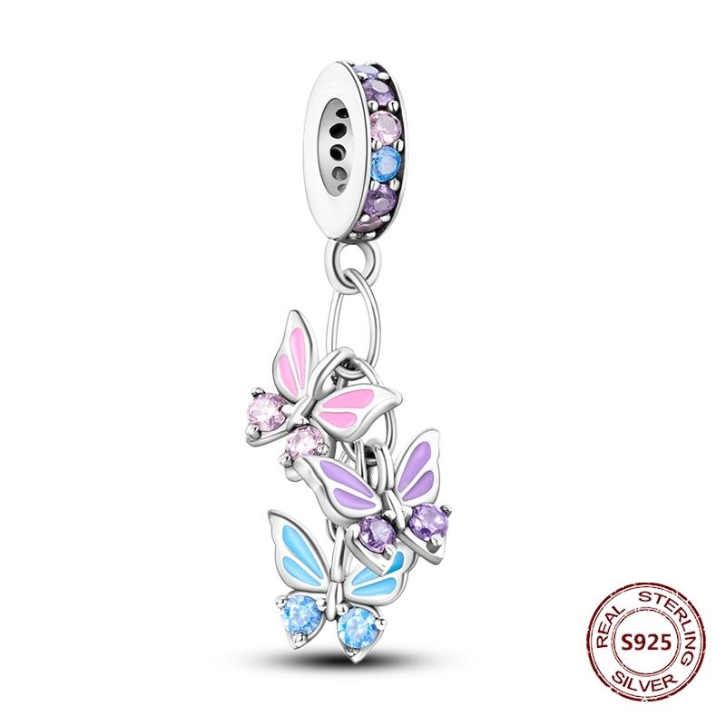 Butterfly Charm copper Authentic Pink Blue Zircon Fly Butterflies Safety Chain Clip Charm Bead Charms Compatible With Bracelets Do It Yourself Jewelle