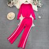 JPNTKY Fashion Set: Long-sleeved, Contrasting Color, V-neck Knitted Cardigan, Two-piece Set, High-waisted, Straight-leg, Wide-leg Pants