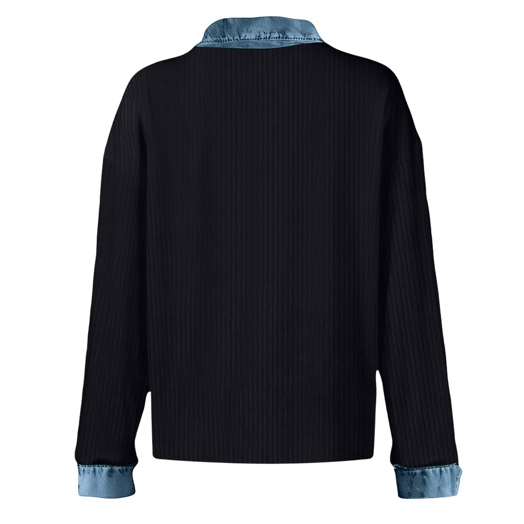 Women's Retro Street Lazy Denim Collar Long Sleeve Pullover Patchwork Knit Top