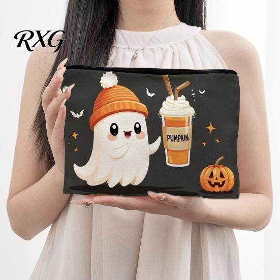 Cartoon Brush Holder Halloween Theme Cosmetic Bag, Durable Canvas Zipper Makeup Pouch, Digital Print Pouch Portable Storage for Stationery And