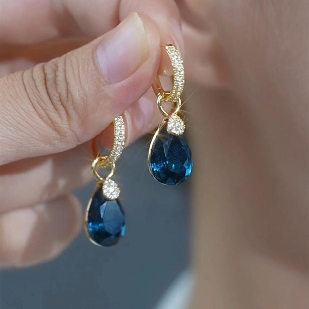 Luxury Temperament Sparkly Micro-inlay Zircon Blue Teardrop-shaped Crystal Pendant Hoop Earrings for Women Bride Wedding Jewelry