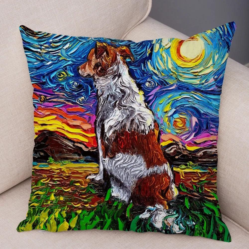 Colorful Oil Painting Pet Animal Pillowcase Starry Sky Art Cartoon Dog Cushion Cover Decorative Sofa