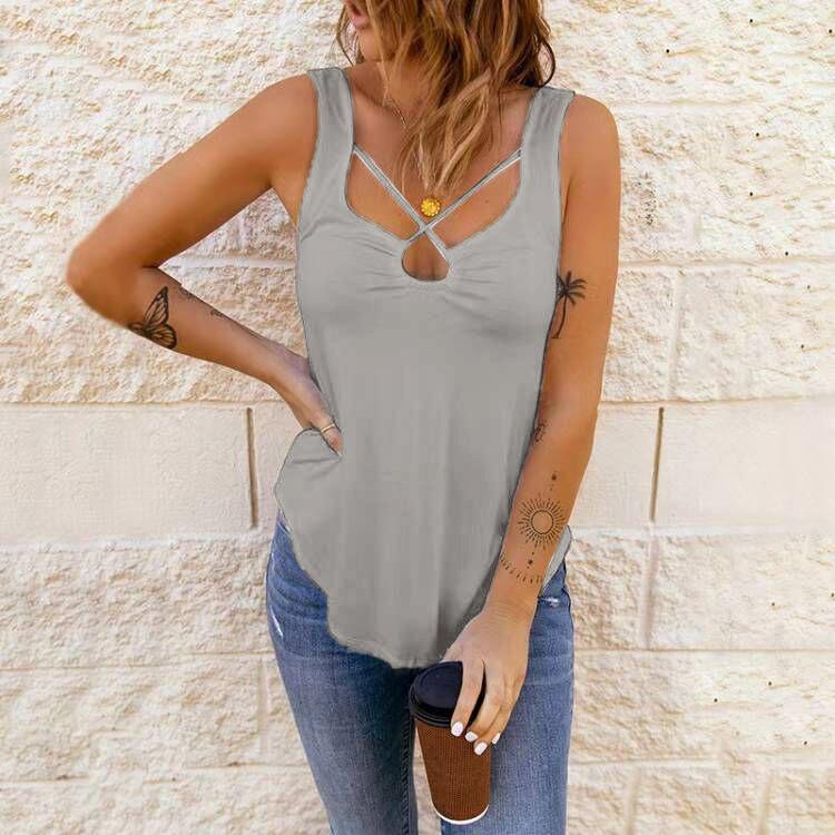 Summer Women's Tank Top Plus Size Cross Solid Colour Vest Sexy Cami Tank Top