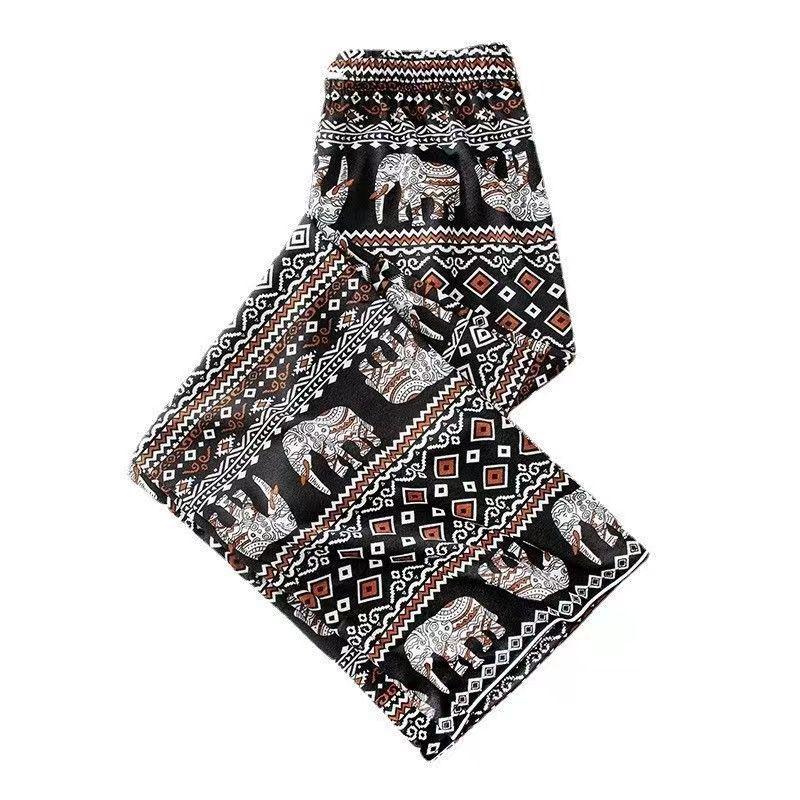 Women's Summer Bohemian Elephant Print Ice Silk Wide-Leg Yoga Pants