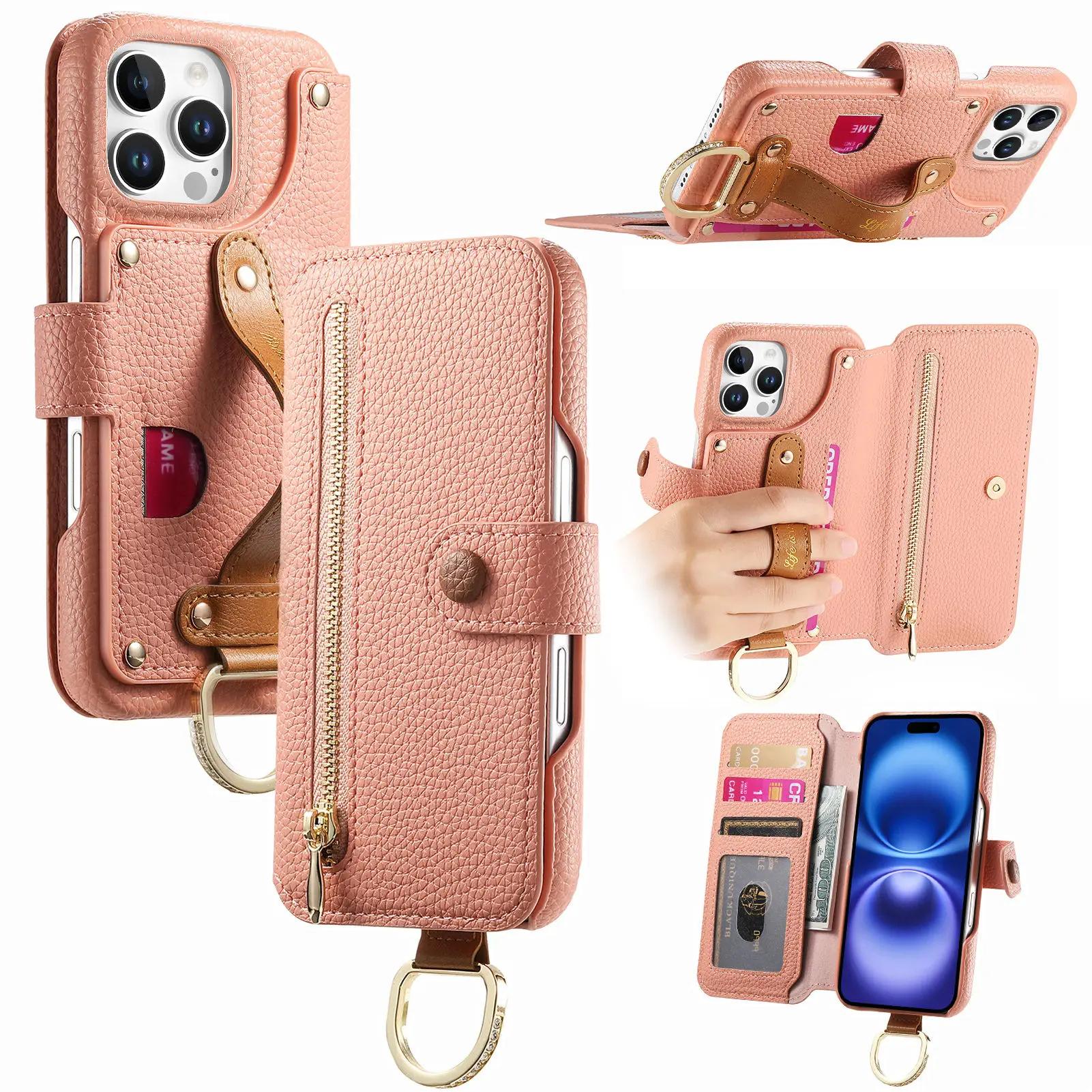 

Wristband Zipper Cards Solt Wallet Leather Ring Holder Case For iPhone 16 Pro Max 15 Plus 14 13 12 11 Bag Pocket Lychee Cover For iPhone 15