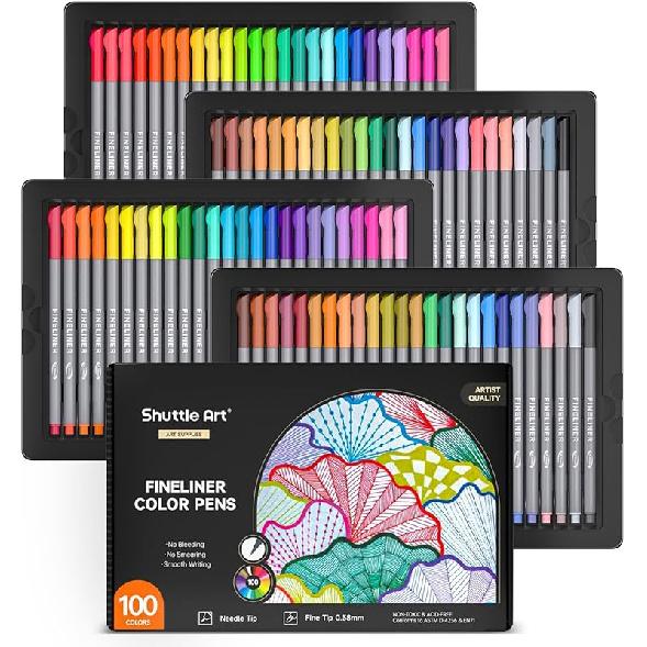 Shuttle Art Fineliner Pens, 100 Colors 0.38mm Fineliner Color Pen Set Fine Line Drawing Pen Fine Point Markers Perfect for Adult Coloring Books 100 Colors