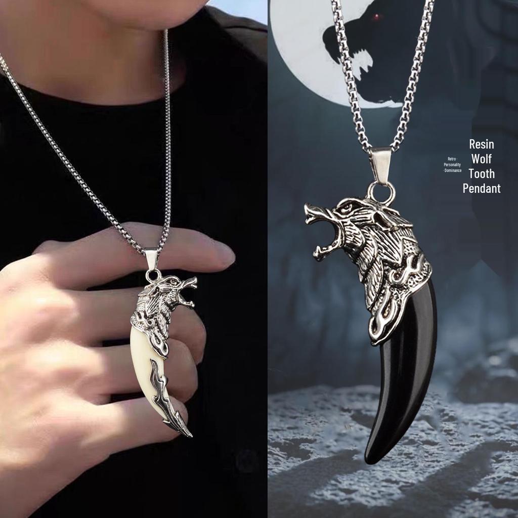 Men's Tibetan Faux Wolf Tooth Pendant Necklace, Titanium Steel Chain, Nepalese Style