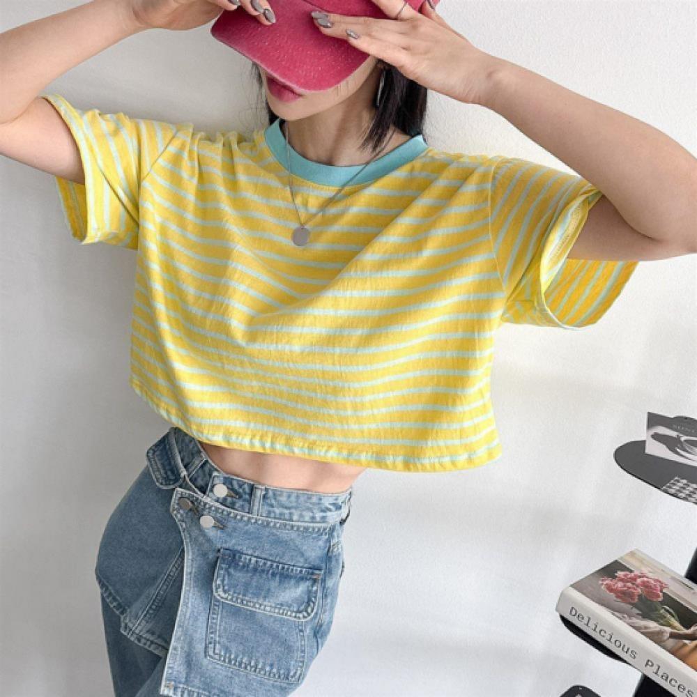 New Arrivals Open Run Women Striped Color Block Cropped Round Tee