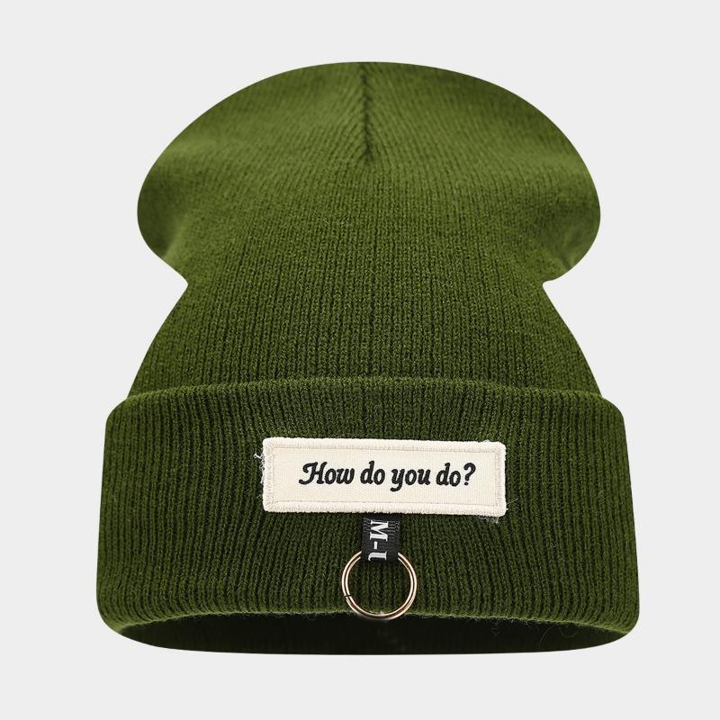 Knitted hat, iron ring, alphabet label, fashion pullover hat, autumn and winter street warm, crimped cold hat
