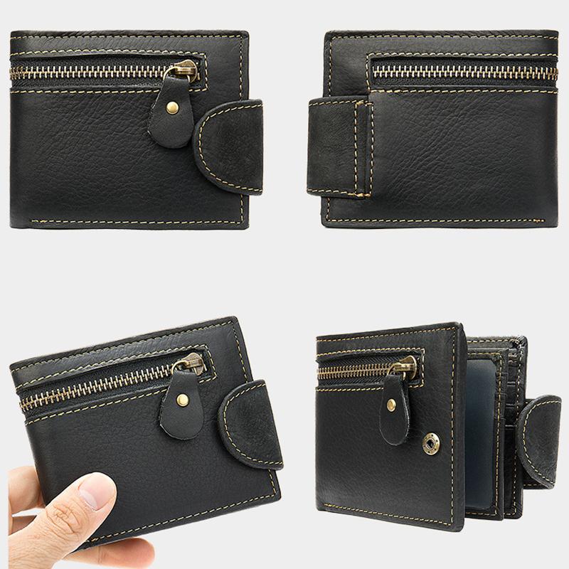 MVA Genuine Leather Men's Wallet - Short Bifold Vintage Stitch Coin Purse with Multiple Card Slots 7042