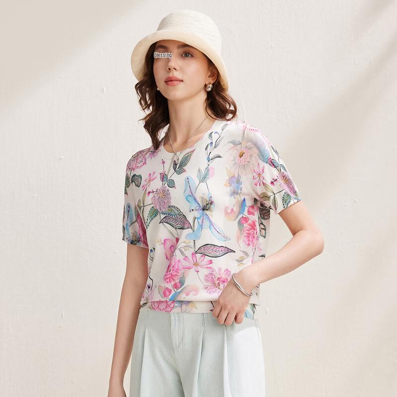 Zhaojun Women's Floral Print Round Neck Silk Blend Knit T-shirt