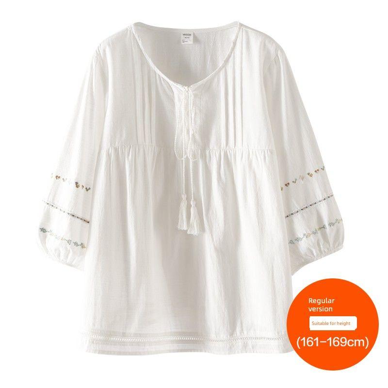 

Plus size women clothing [Unique Beautiful Doll Shirt] Colorful Embroidered Lace-up Tassel 3/4 Sleeve Autumn Loose Top